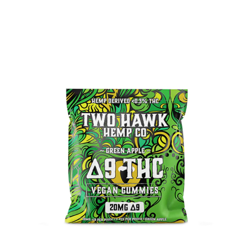 Two Hawk Hemp - Delta 9 Edible - Vegan Gummies - Green Apple - 10mg - 2 Count Pouches Two Hawk Hemp - Delta 9 Edible - Vegan Gummies - Green Apple - 10mg - 2 Count Pouches