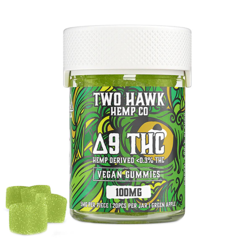 Two Hawk Hemp - Delta 9 Edible - Vegan Gummies - Green Apple - 5mg - 20 Count Bottle Two Hawk Hemp - Delta 9 Edible - Vegan Gummies - Green Apple - 5mg - 20 Count Bottle